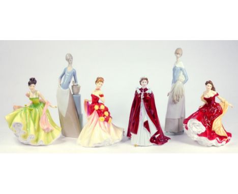 A ROYAL WORCESTER FIGURE OF HM THE QUEEN, THREE ROYAL DOULTON PRETTY LADIES SERIES FIGURES AND TWO NAO FIGURES