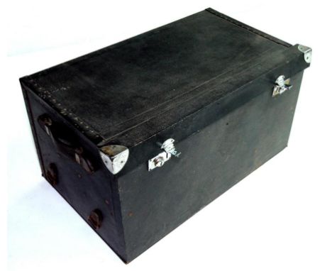 VINTAGE MOTORING.  A BLACK FABRIC COVERED TRUNK WITH CHROMIUM PLATED MOUNTS