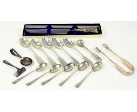A VICTORIAN SILVER SALT SPOON, FIDDLE AND THREAD PATTERN, LONDON 1860, FIVE SILVER TEASPOONS, A SET OF FIVE SILVER COFFEE SPO