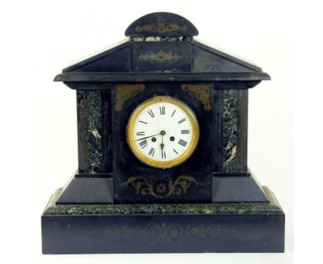 A SLATE AND GREEN MARBLE ARCHITECTURAL MANTLE CLOCK WITH FRENCH BELL STRIKING MOVEMENT