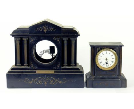 TWO ARCHITECTURAL SLATE MANTLE CLOCKS, THE SMALLER WITH FRENCH GONG STRIKING MOVEMENT, BOTH CIRCA 1900