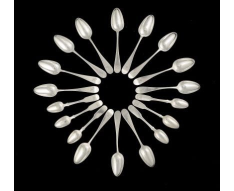 TWELVE RUSSIAN SILVER DESSERT SPOONS AND SIX TEA SPOONS  Old English and Fiddle patterns respectively,  Cyrillic and later   