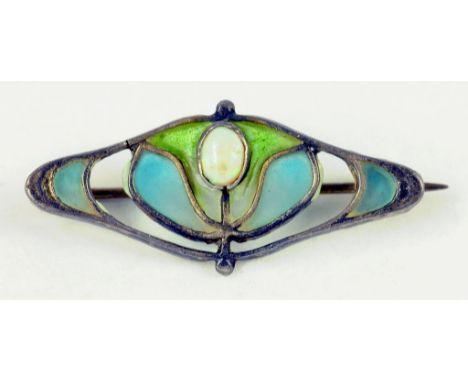 AN ART NOUVEAU OPAL, SILVER AND PLIQUE-A-JOUR ENAMEL BROOCH, CIRCA 1910