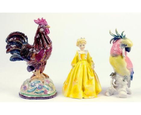 A ROYAL WORCESTER FIGURE OF GRANDMOTHER'S DRESS, BLACK PRINTED MARK, A CARL ENS CRESTED COCKATOO AND A BASIL MATTHEWS GLAZED 