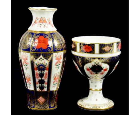 A ROYAL CROWN DERBY IMARI PATTERN FLUTED VASE AND A GOBLET