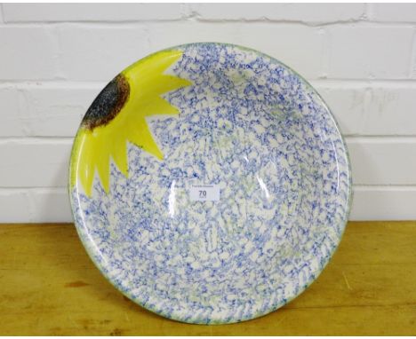 A Poole pottery sponge ware and sunflower patterned bowl, 32cm diameter