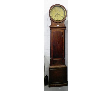 An early 18th century mahogany drum head long case clock, the dial inscribed Robt G. Fletcher, Edinburgh, with Roman numerals