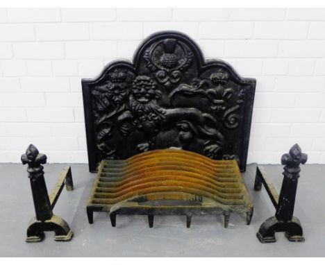 Painted black iron fire irons, fire grate and a shaped plaque with lion rampant and thistles (a lot) 