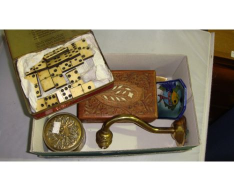 Box of oddments including light fitment and copper box, chess set & vintage dominoes etc.