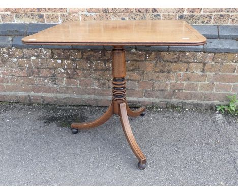 A 19th CENTURY MAHOGANY AND LINE INLAID TIP-TOP TABLE rectangular with rounded corners, on swept tripod legs and ball feet 77