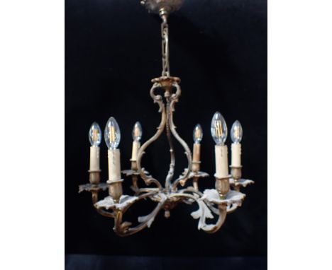 A SIX-BRANCH CAST BRASS ROCOCO STYLE CHANDELIER approx 70cm drop including chain and ceiling rose (for re-wiring)