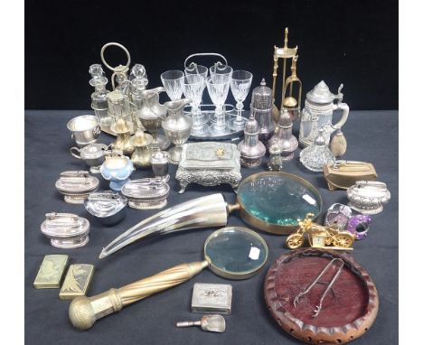 TWO MAGNIFYING GLASSES WITH DECORATIVE HANDLES table lighters, a Chinese hardwood stand, silver-plated ware, trinket box and 