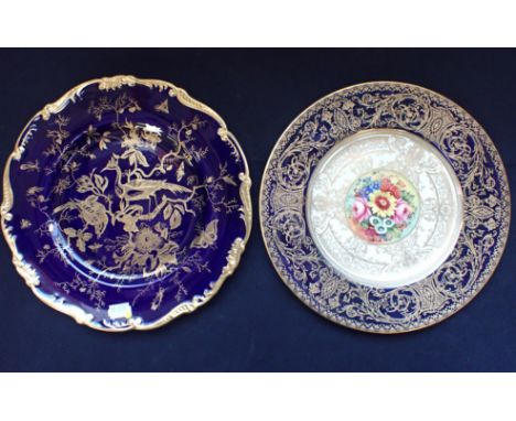 A ROYAL WORCESTER CABINET PLATE, PAINTED BY E. BARKER with floral centre, within profusely gilt borders, 26.5cm dia, and a Co
