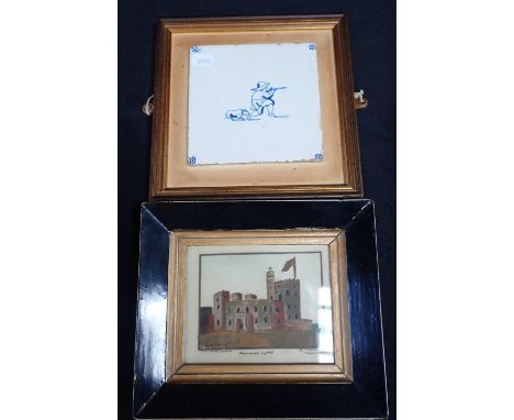 AN ISLE OF WIGHT SAND PICTURE, J. SYMONDS, NEWPORT 1843 depicting Norris Castle, framed 18 x 21cm, and a framed Delft tile de