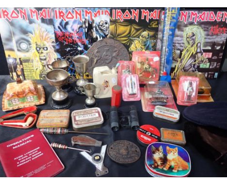 A COLLECTION OF SUNDRIES Del Prado figures, a 'pin-up' flask, Iron Maiden LPs,a safe plaque etc
