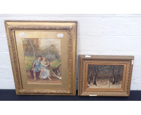 A VICTORIAN WATERCOLOUR a classically dressed couple, the woman playing the harp, framed 34.5 x 29.5cm, and a small oil on ca