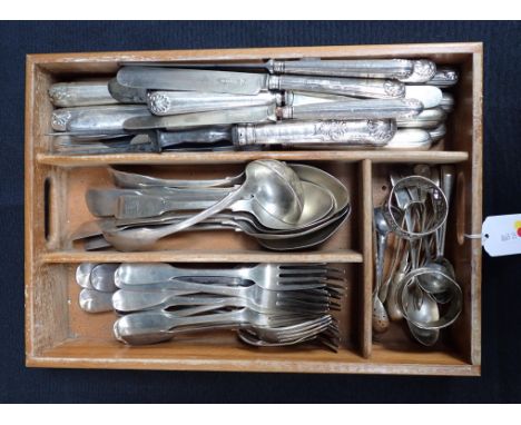 A QUANTITY OF GEORGIAN AND VICTORIAN TABLE SILVER including a ladle by William Marshall, Edinburgh 1827, and various forks, s
