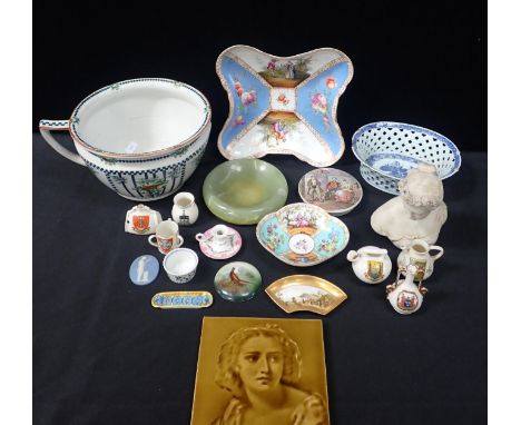 A VICTORIAN COLOUR PRINTED POT LID, THE RIVALS with a late Victorian portrait tile, a Parian bust and other ceramics