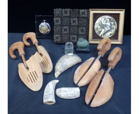 AN ASIAN METAL TEXTILE PRINTING BLOCK "with other items including wooden shoe trees, a flask and decorative modern faux scrim