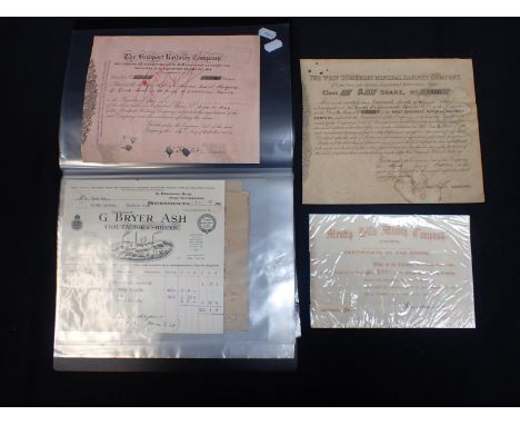 A COLLECTION OF RAILWAY EPHEMERA West Somerset Mineral Railway Company and other share certificates, letters, waybills etc, T