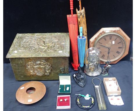 A BRASS COAL BOX AND A COLLECTION OF DOMESTIC ITEMS including two clocks, Japanese parasols, a thermometer, club tie-pins and