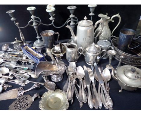 A QUANTITY OF SILVER-PLATED WARE including a 'coal scuttle' sugar basin, cutlery etc