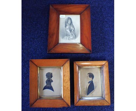 A NAIVE 19th CENTURY PORTRAIT OF A YOUNG MAN watercolour, in period maple frame 17 x 14cm, a Silhouette in a maple frame, and