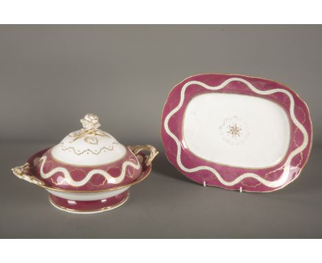 AN H &amp; R DANIEL SECOND BELL SHAPE TUREEN AND COVER AND SERVING DISH c.1836, of bright pink with 'ribbon' highlights in gi
