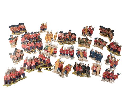 A COLLECTION OF PAINTED AND CARVED SOLDIERS of various battalions including Guards Bandsmen, the Scottish Rifle Brigade, Guar