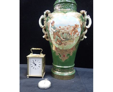 A LARGE DECORATIVE LIDDED VASE with a carriage clock and stop watch