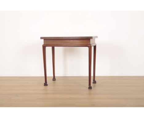 A GEORGE III STYLE MAHOGANY CARD TABLE mid-20th century, the rectangular top opening to reveal baize interior, terminating on