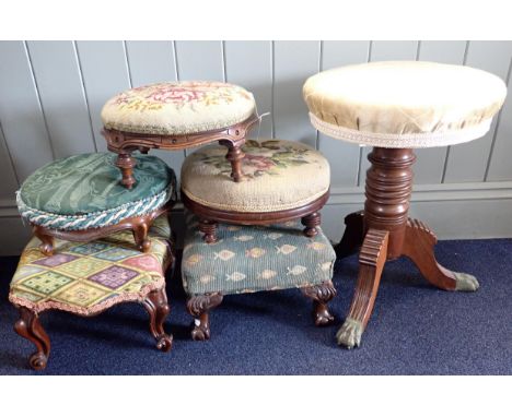 FIVE VICTORIAN AND LATER FOOTSTOOLS some with wool work tops, and a circular revolving stool on tripod base (6)