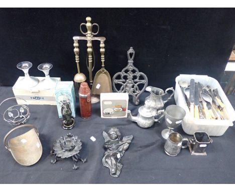 A COLLECTION OF DOMESTIC METAL WARES including silver plated ware and cutlery, fireside set, spirit flask and other items