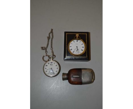 Mixed Lot: Small Corsar pocket watch, a further Elgin gold plated pocket watch lacking front glass and a small hip flask