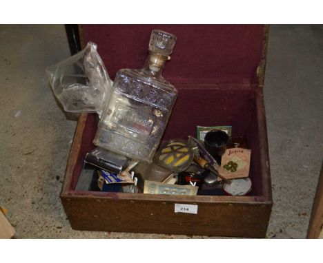 Vintage copper mounted slipper box containing assorted items including vintage AA badge, decanter and other mixed wares