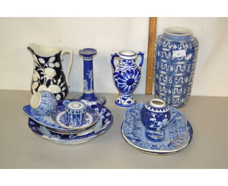 Group of blue and white ceramics to include Wedgwood candlestick, various plates, jugs etc