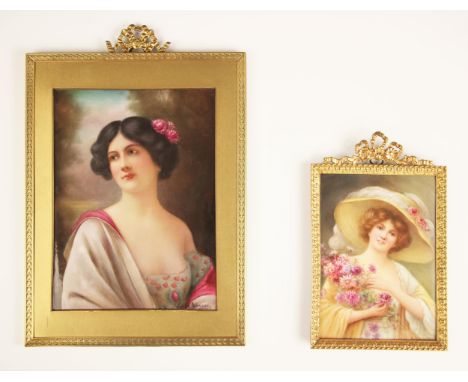 Leslie Johnson (British, early 20th century),A rectangular portrait plaque depicting a young lady with flowers in her hair,En