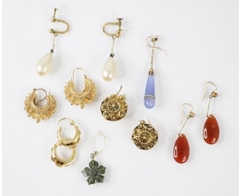 A selection of yellow metal earrings, including two pairs of yellow metal Victorian style hoop earrings, a pair of filigree d