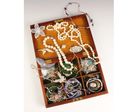 A collection of costume jewellery, including an untested pearl triple string choker, with yellow metal tongue and box pearl s