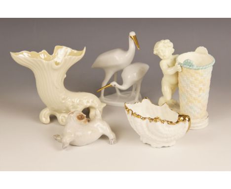 A selection of decorative ceramics, comprising a Royal Copenhagen terrier, numbered 1453/3087, 5cm high, a Belleek cornucopia