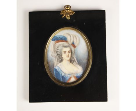 French school (19th century),An oval portrait miniature depicting an 18th century lady,Watercolour on ivory,Inscribed verso '