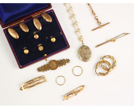 A selection of assorted gold stamped and yellow metal jewellery, to include a cased set of 9ct oval cufflinks and base metal 