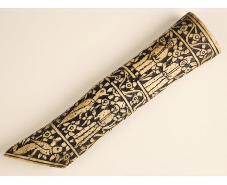 An Ottoman Empire carved bone scabbard, 18th/19th century, carved with continuous friezes of figures and birds amidst scroll 