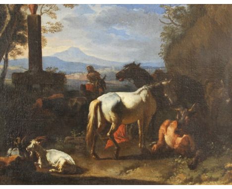 Circle of Pieter Van Bloemen (Flemish, 1657–1720),Resting travellers with horses, cattle and goats,Oil on canvas,Unsigned,36c