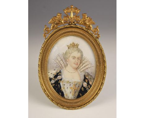 Continental school (19th century),An oval portrait miniature depicting a noble lady in bejewelled robes with high collar wear