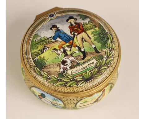 A Halcyon Days enamel pill box, 20th century, commissioned by James Purdey & Son, the hinged cover decorated with a shooting 