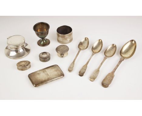 A selection of silver items, to include a Victorian fiddle pattern silver teaspoon, William Eaton, London 1838, 15.5cm long, 