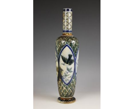 A Martin Brothers stoneware vase by Robert Wallace Martin, dated 1879, of slender high shouldered form with cylindrical neck,