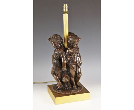 A French Napoleon III style figural lamp base, modelled as three standing putti holding hands around a reeded column, on a la