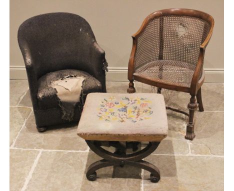 A Regency simulated rosewood 'X' frame stool, the square tapestry seat upon a curved 'X' frame, applied with roundel terminal